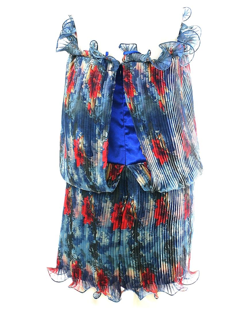 Pleat detail floral curl hem mini dress in blue