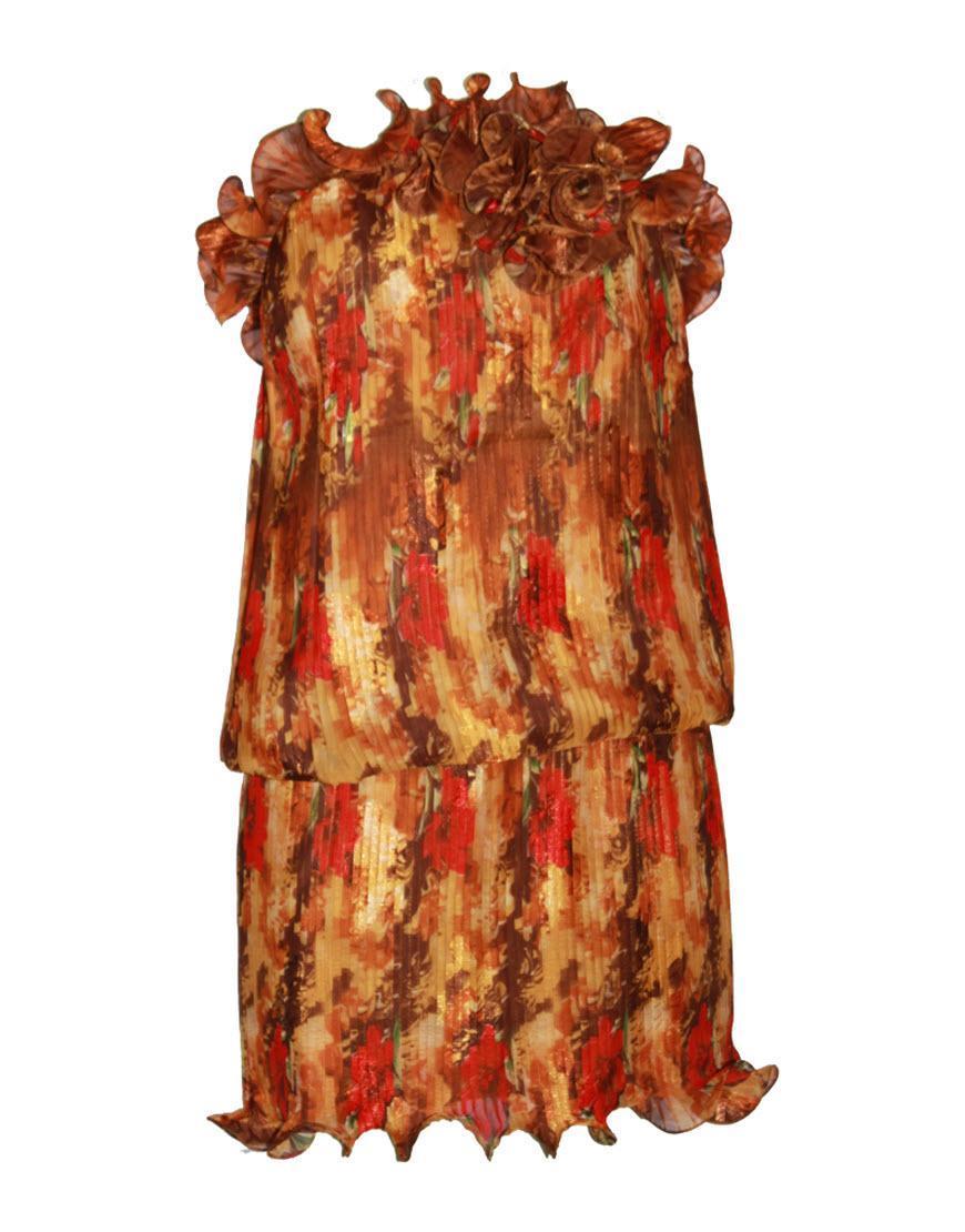 Pleat detail floral curl hem mini dress in brown