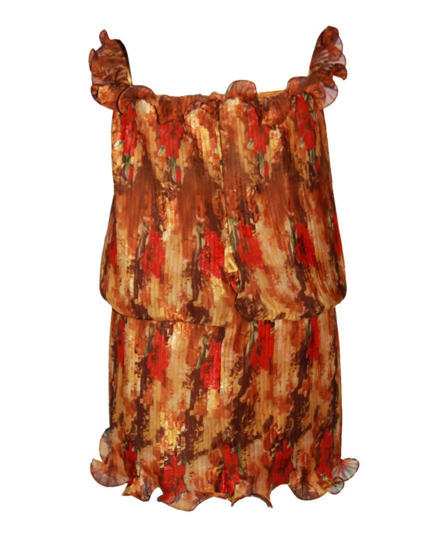 Pleat detail floral curl hem mini dress in brown