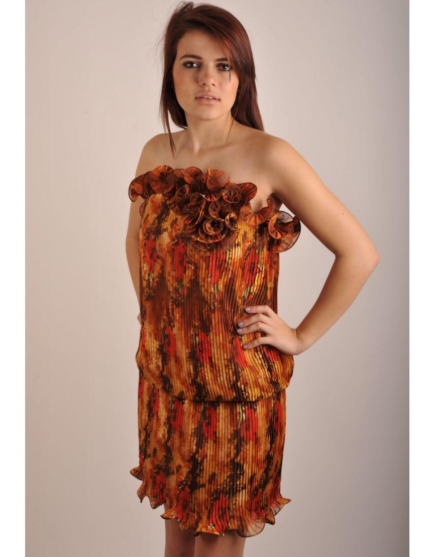 Pleat detail floral curl hem mini dress in brown