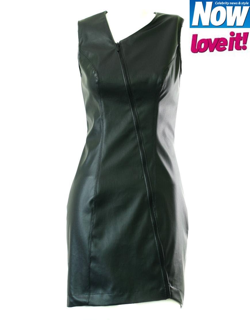 Asymmetric V-neck front zipper leather dress