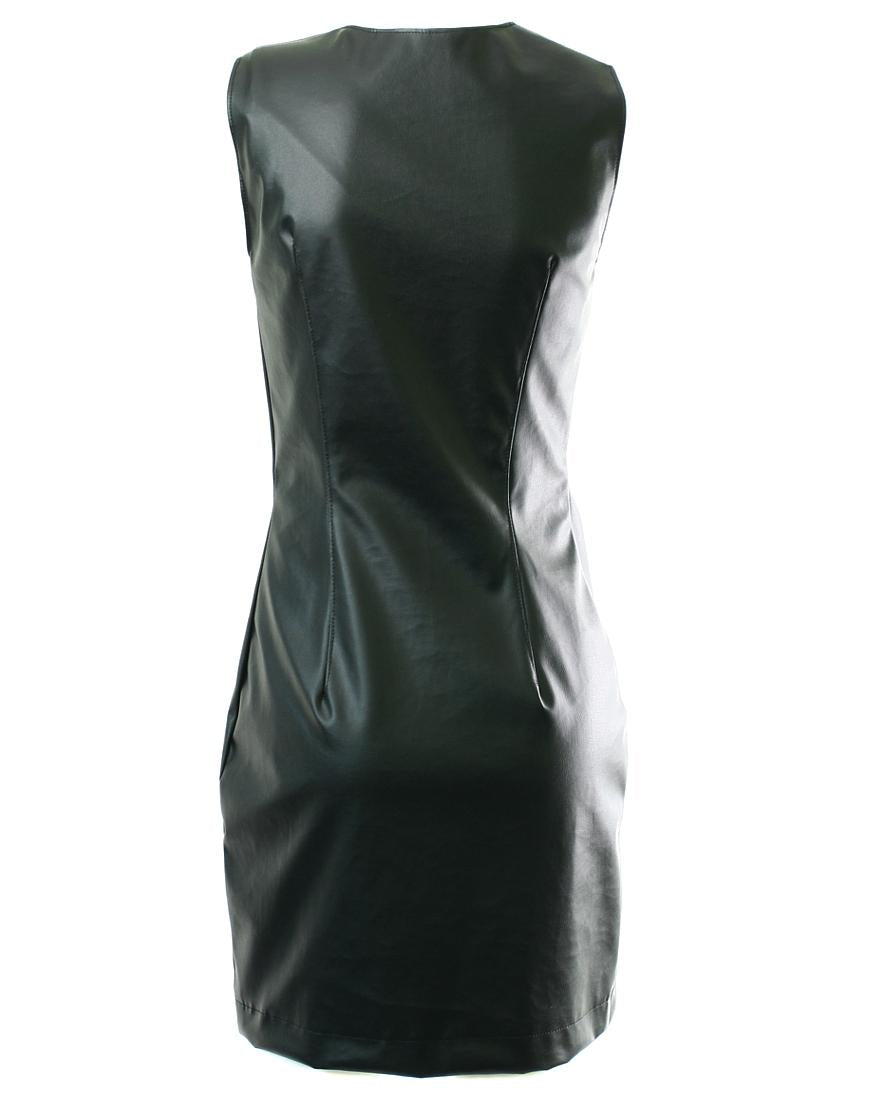 Asymmetric V-neck front zipper leather dress