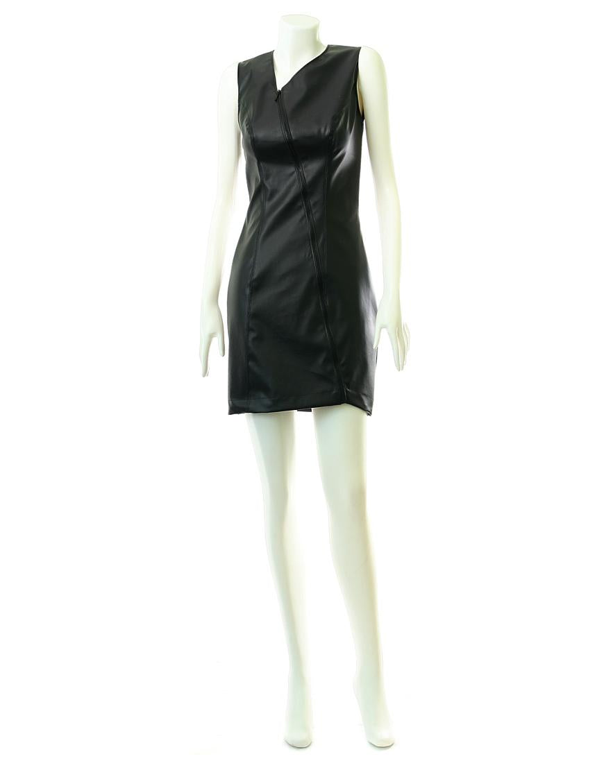 Asymmetric V-neck front zipper leather dress