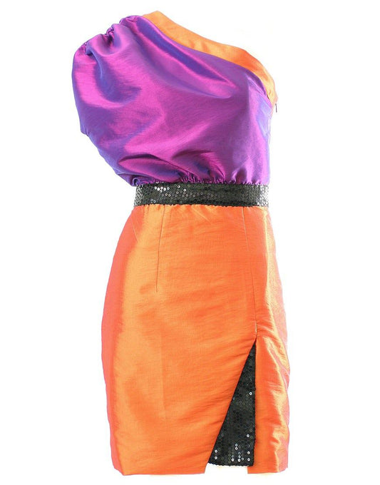 Colour-block sequin detail one shoulder dress