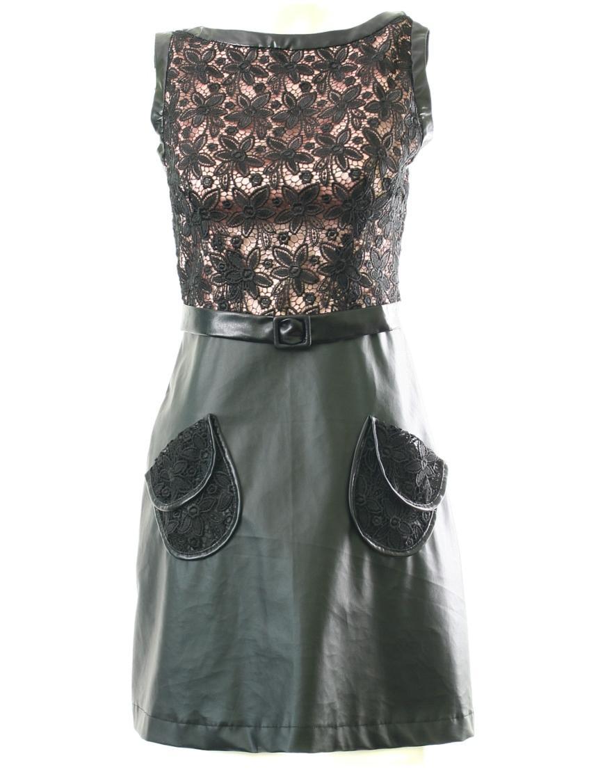 Lace panel leather skirt pockets dress