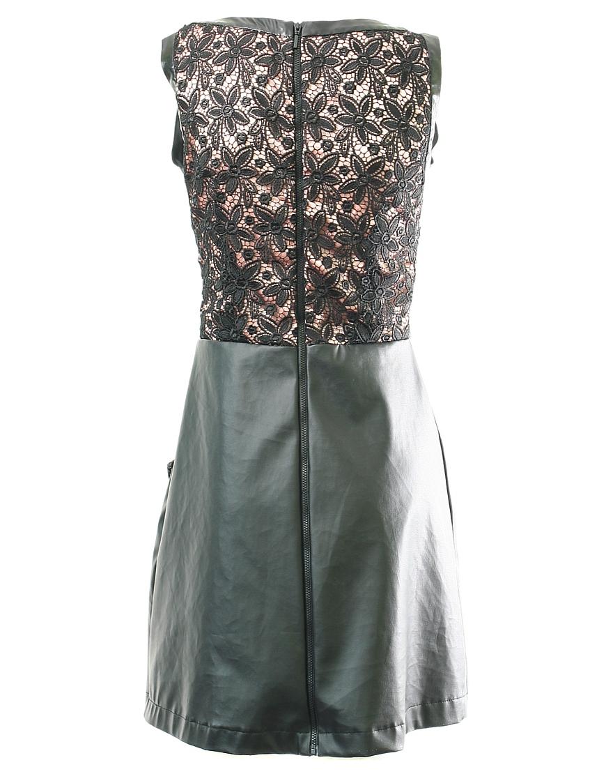 Lace panel leather skirt pockets dress