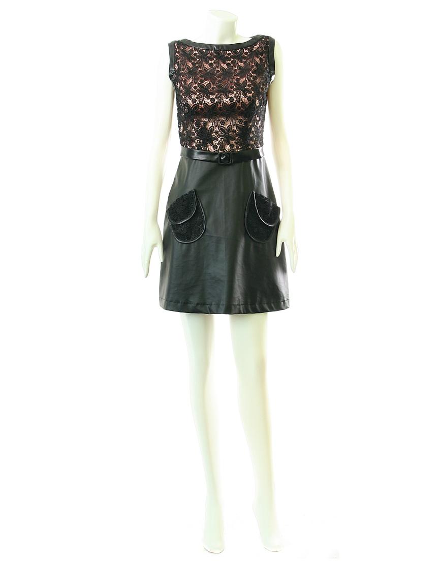 Lace panel leather skirt pockets dress