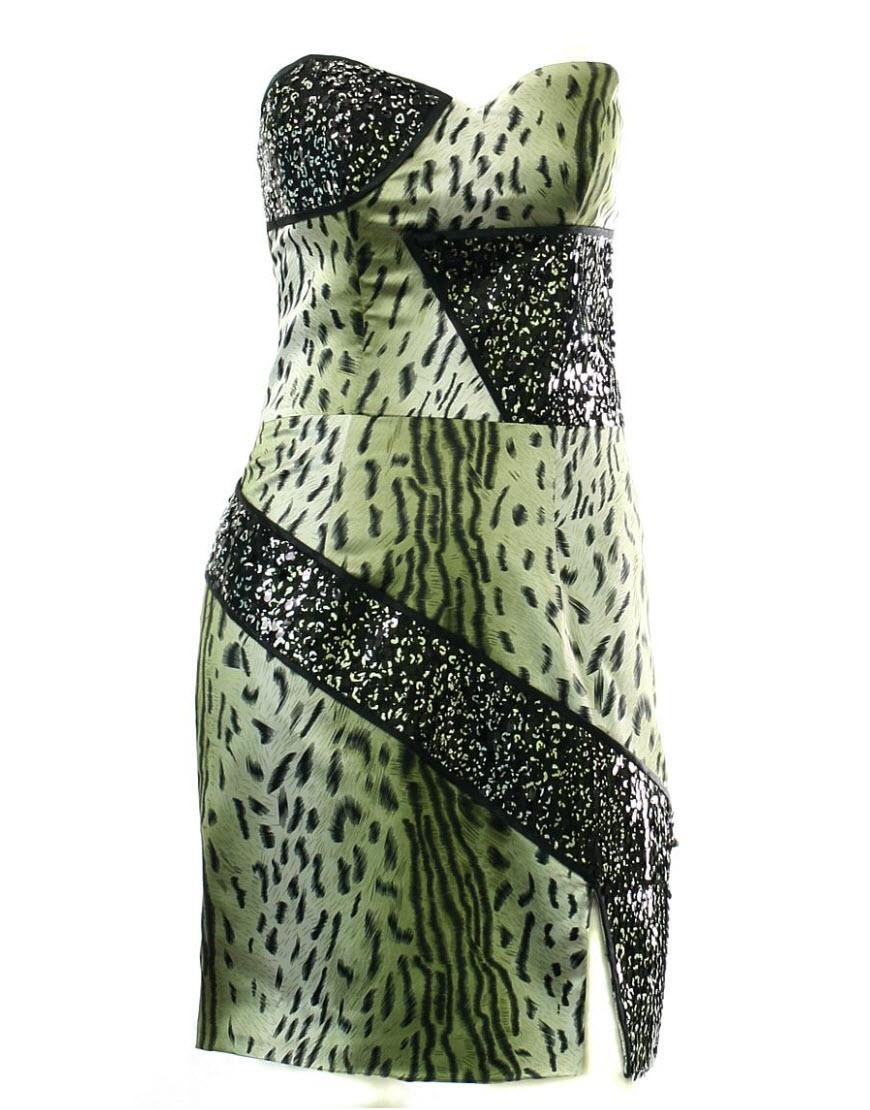 Animal print sequin embellished mini dress in green