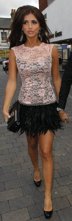 Emma Watson style lace feather dress in Beige as worn by Lucy Mecklenburgh