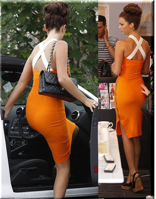 Leather strappy pencil dress as worn by Lucy Mecklenburgh