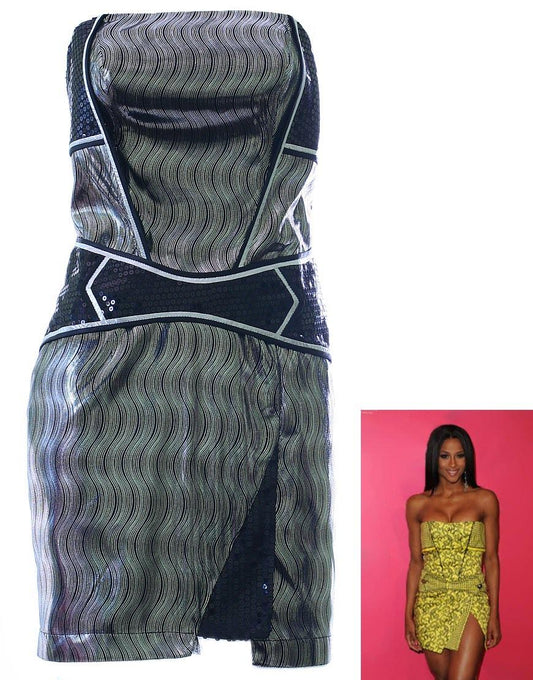 Print sequinned trim bustier dress