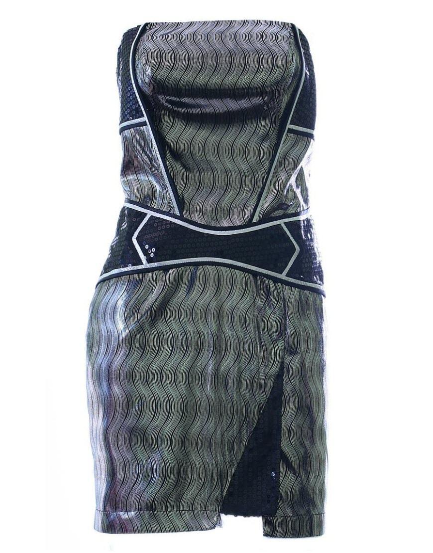 Print sequinned trim bustier dress