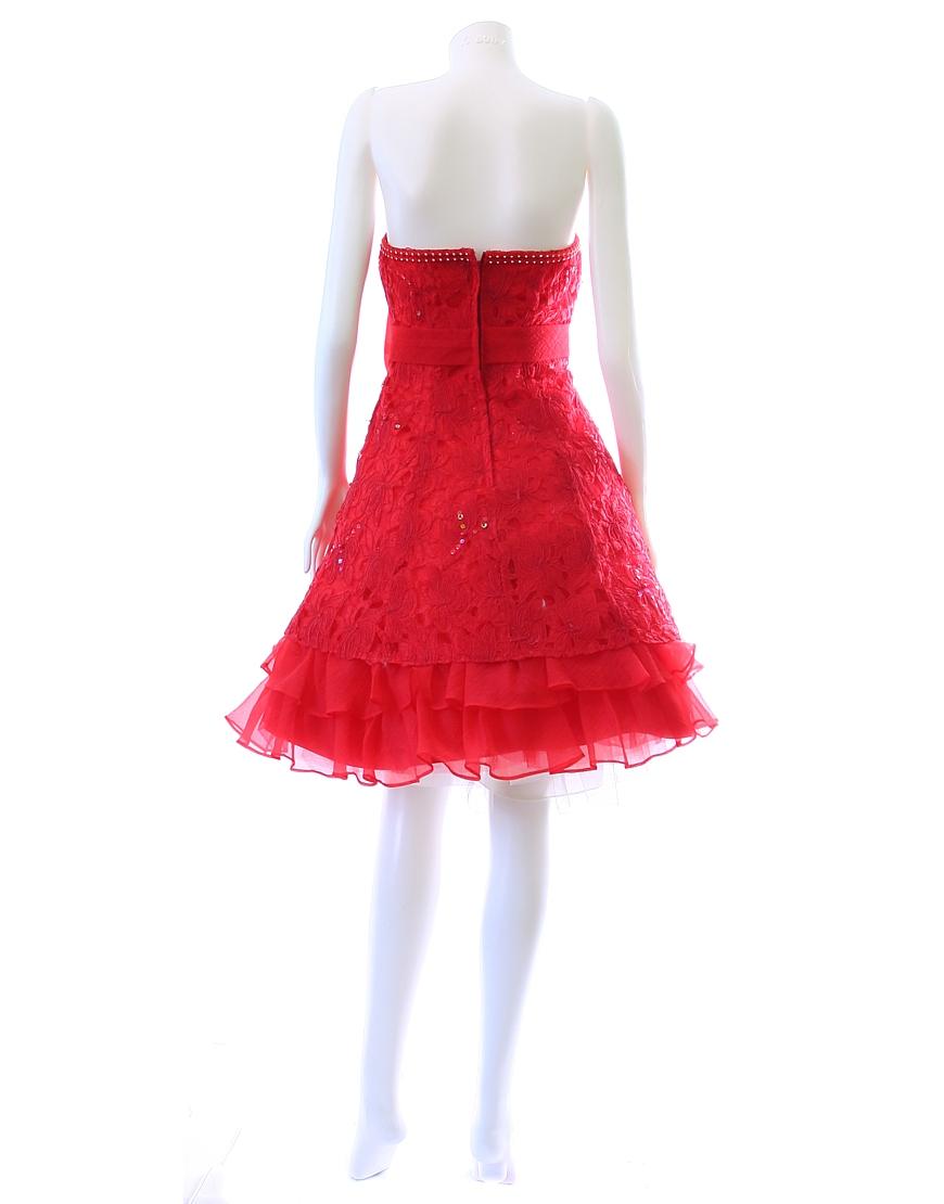 Embroidered bow-waist frilled hem prom dress in red
