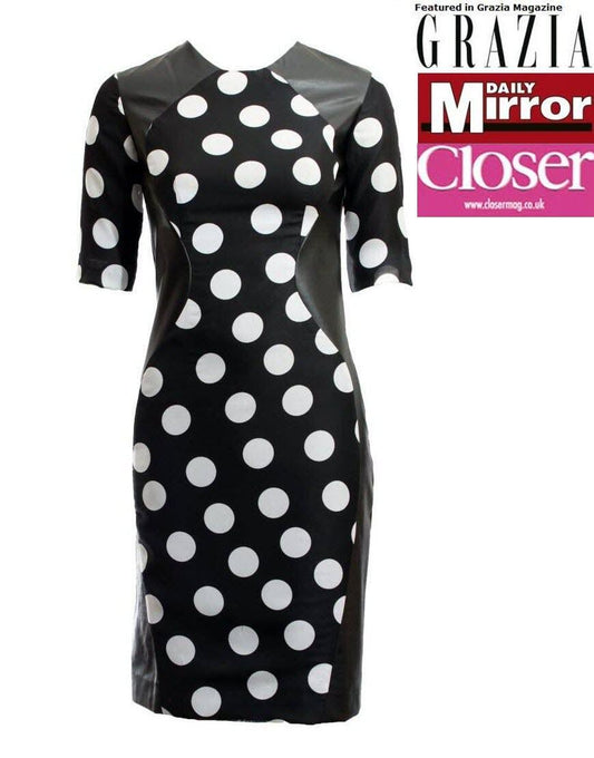 Polka dot leather detailed dress as featured in Grazia and Closer magazines