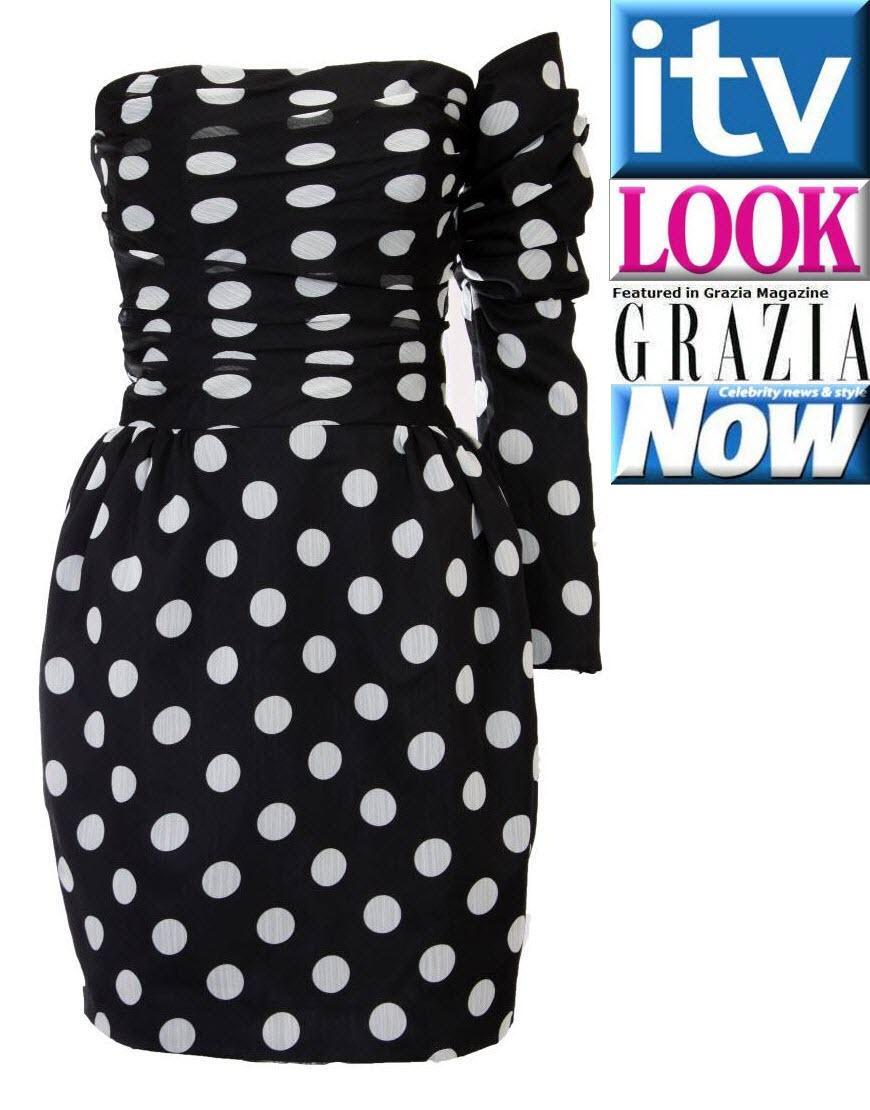Polka dot one sleeve draped dress as aired on ITV This Morning, featured in Grazia magazine