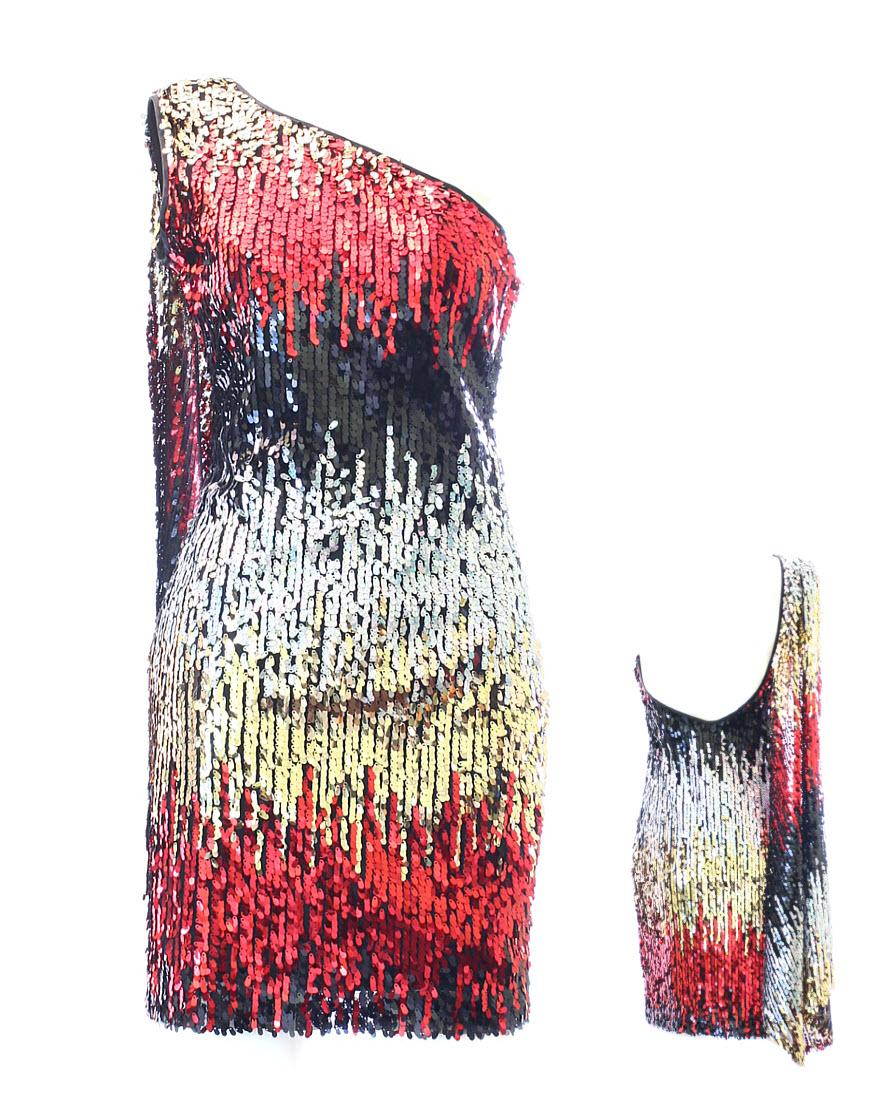 Sequin one-shoulder cocktail dress in red waterfall
