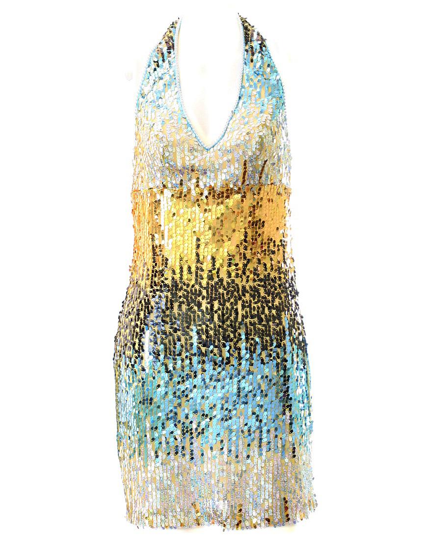 Colourful sequinned halter neck cocktail dress in blue