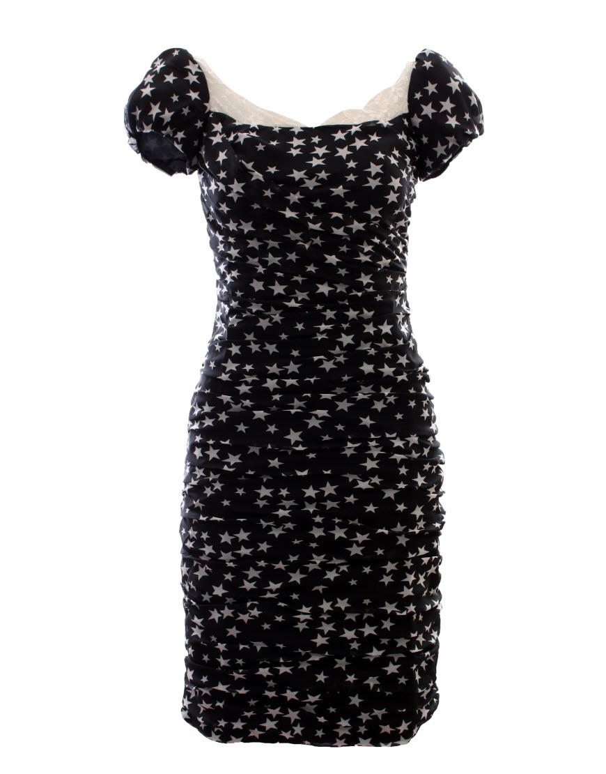 Star print puffball sleeve draped dress in black (medium stars)