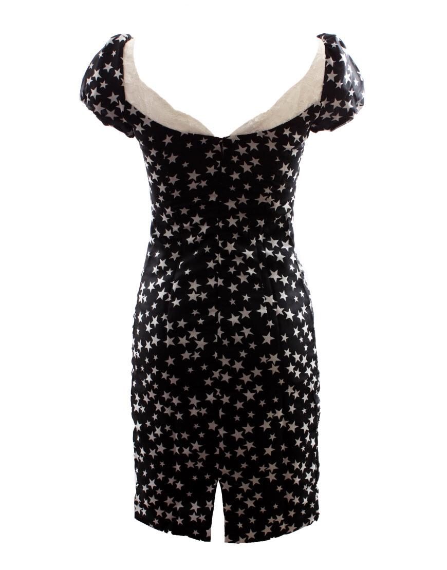 Star print puffball sleeve draped dress in black (medium stars)