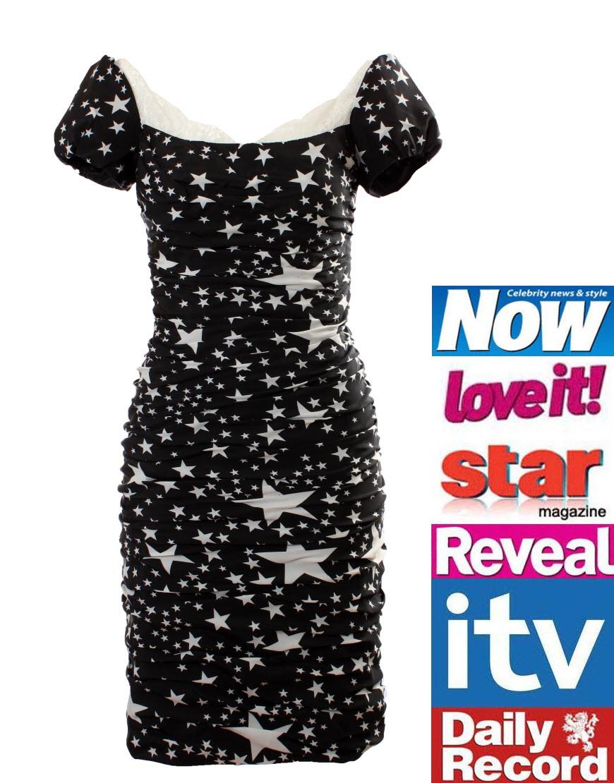 Star print puffball sleeve draped dress (large stars)
