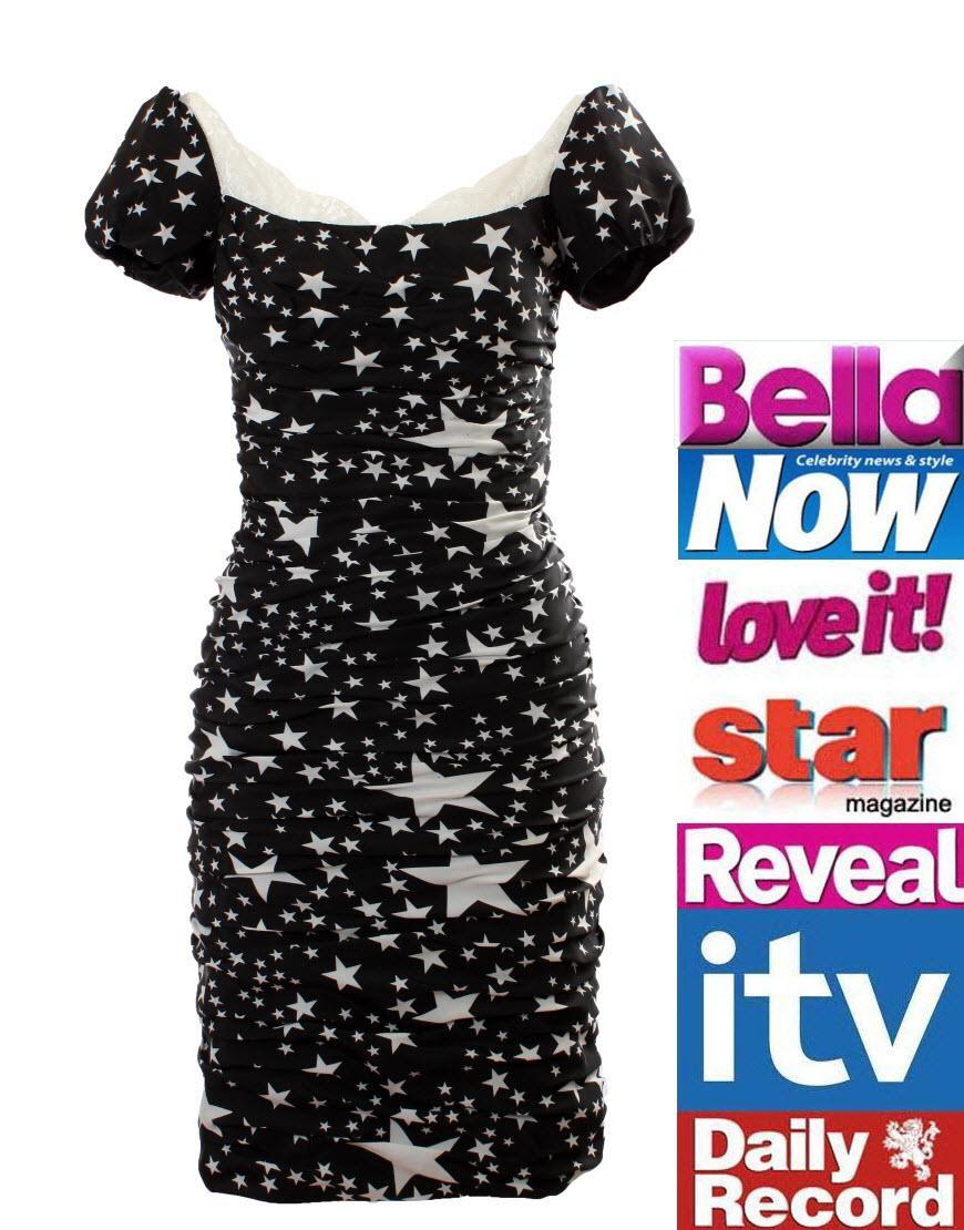 Star print puffball sleeve draped dress in black(large stars)