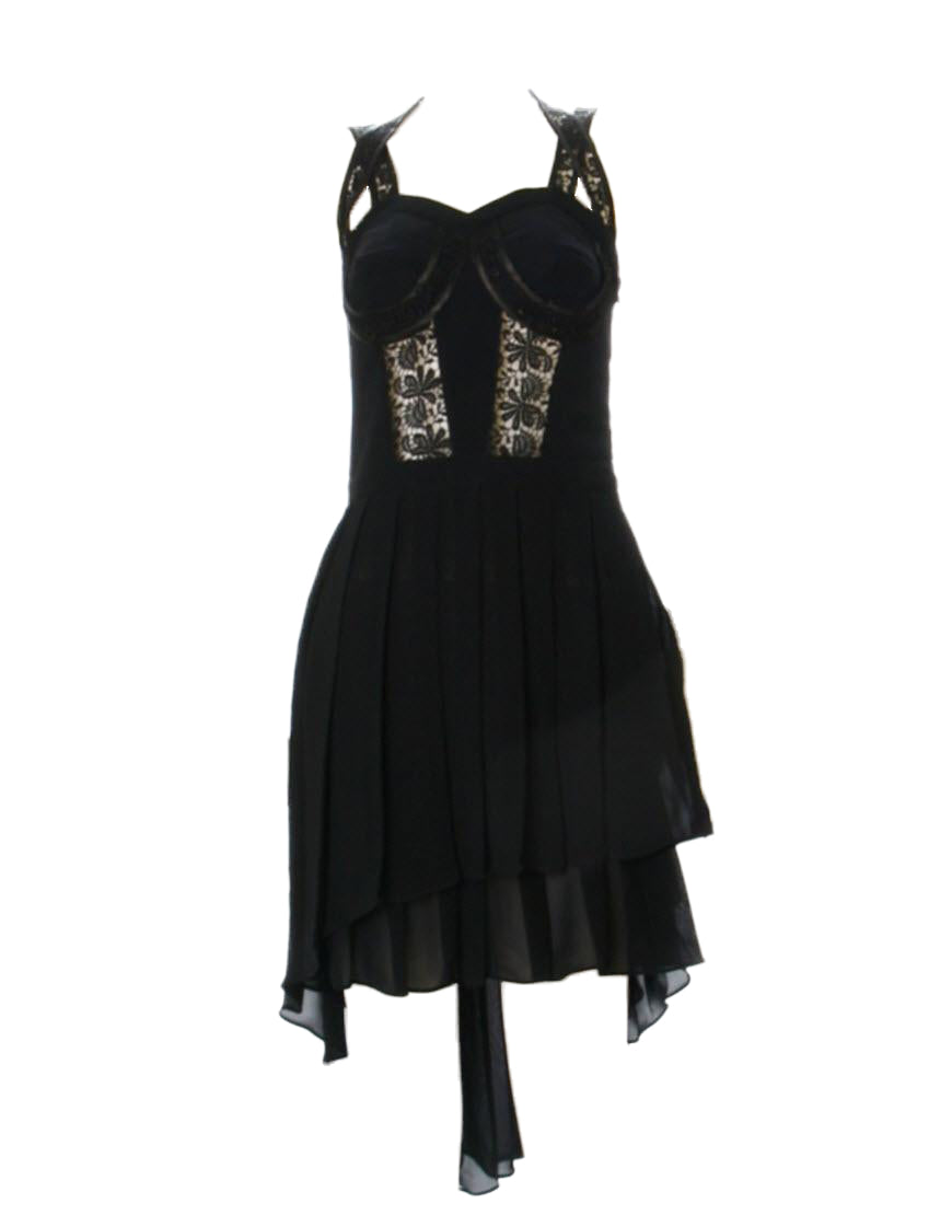 Pleated layered lace inserted bodice dress in black