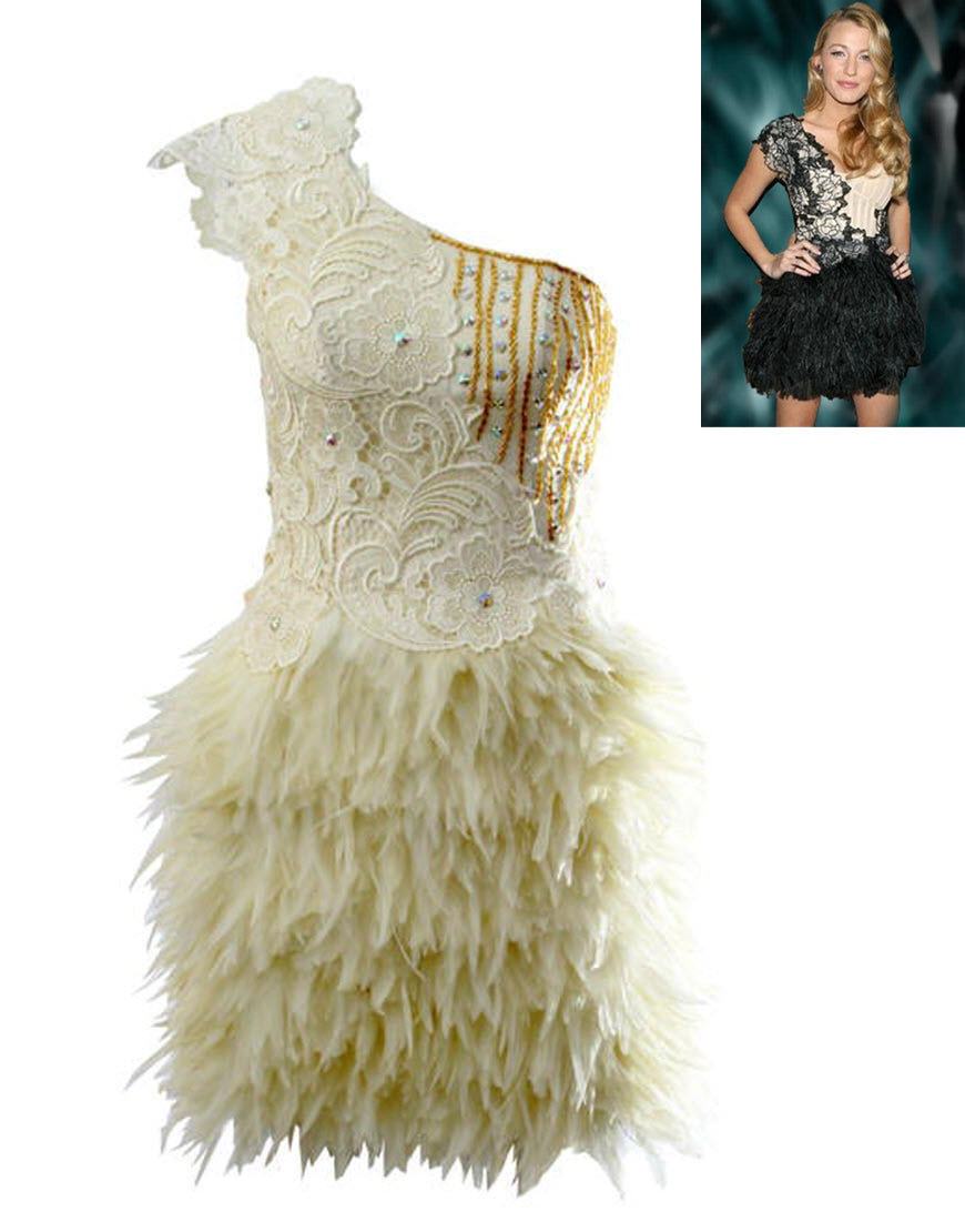 One shoulder lace feather dress in Ivory