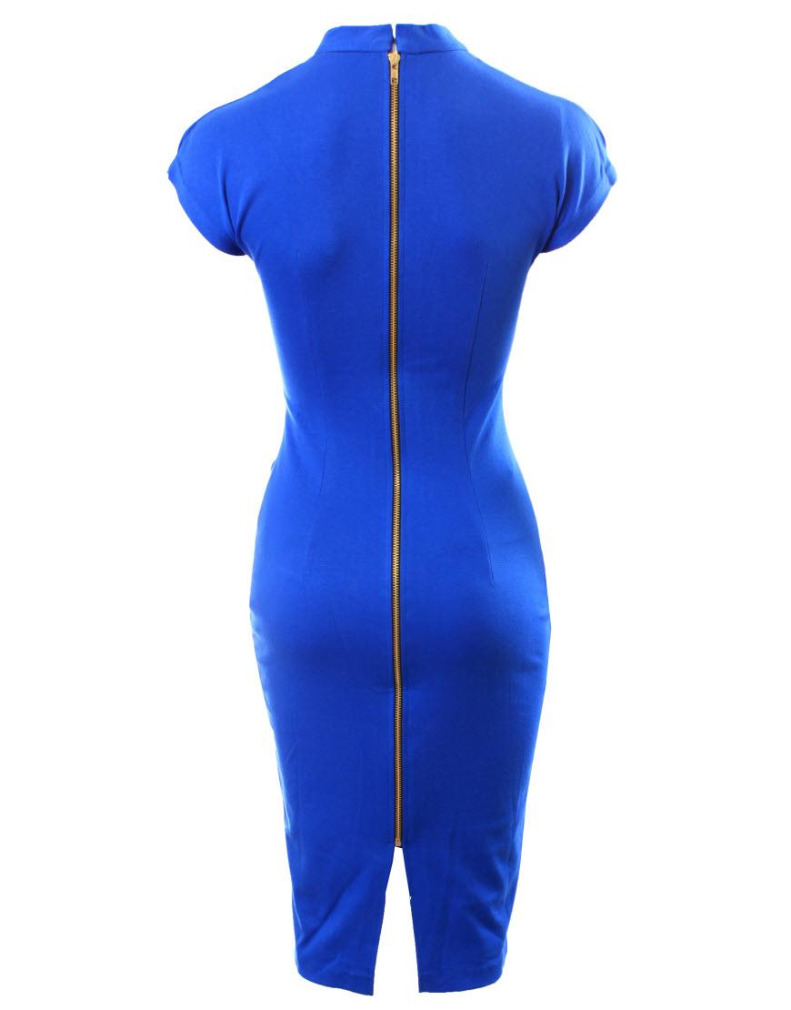 V neck cap sleeve pencil dress in Blue