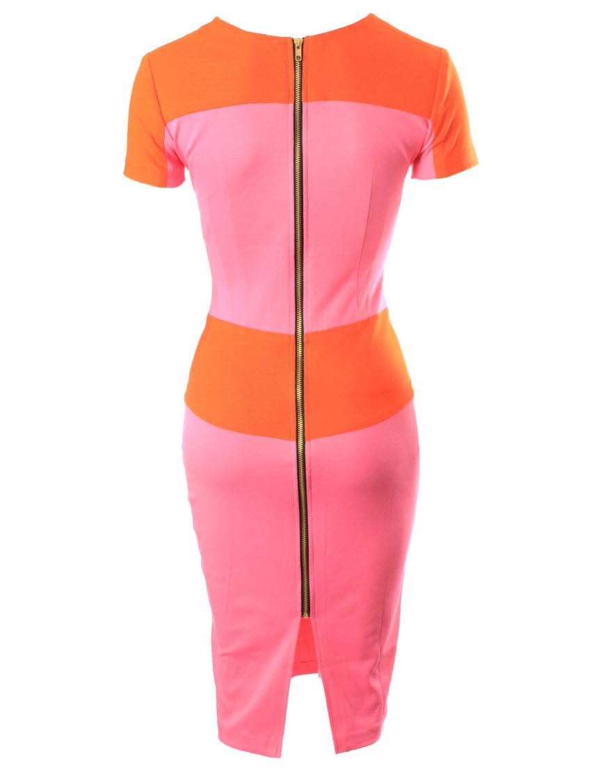 Assymetric neck Orange-pink colour block pencil dress
