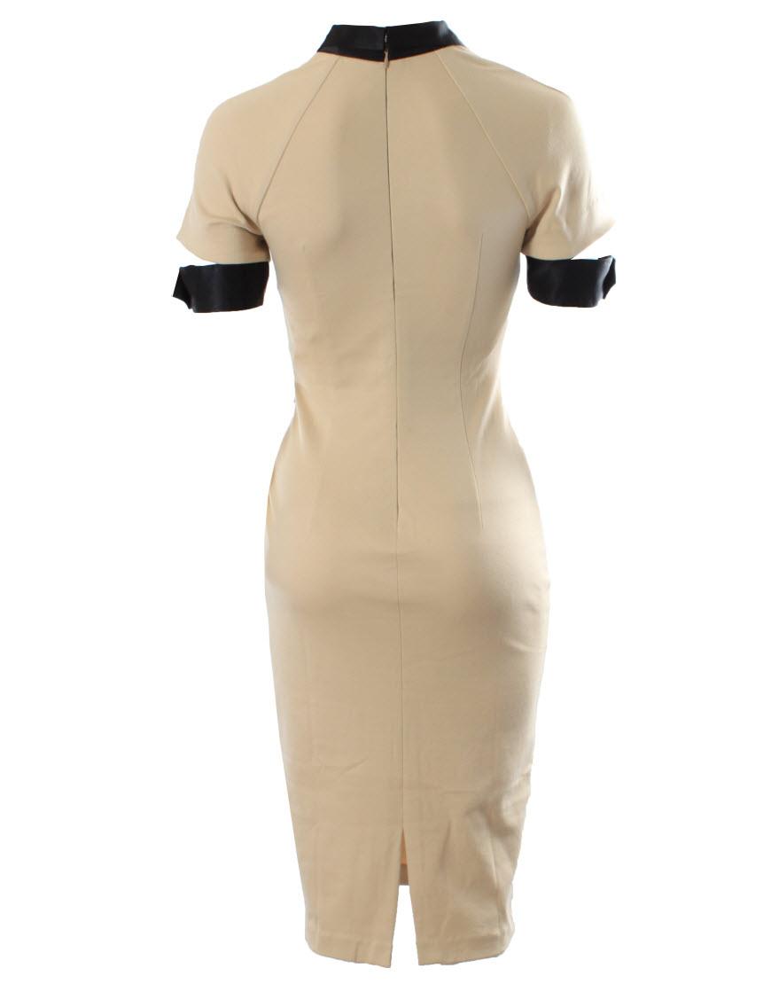 Button detail polo collar Pencil Dress in Beige