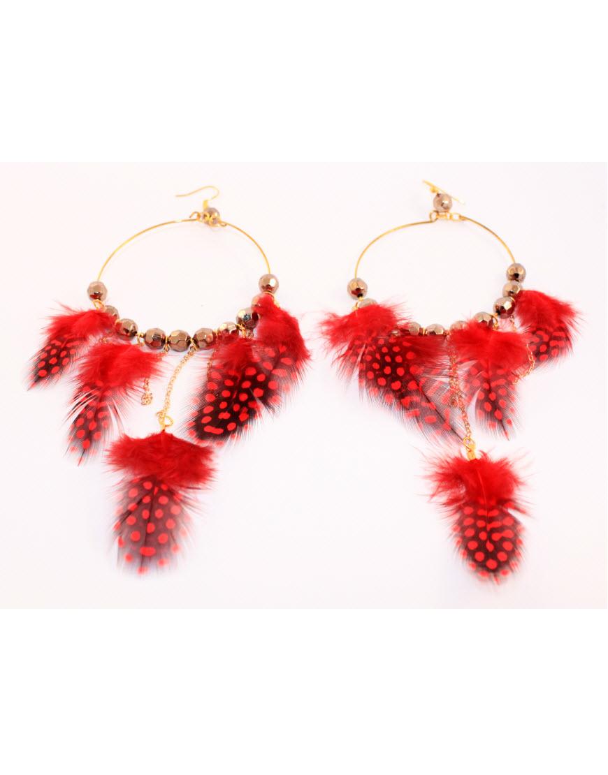 Feather hoop earrings in red