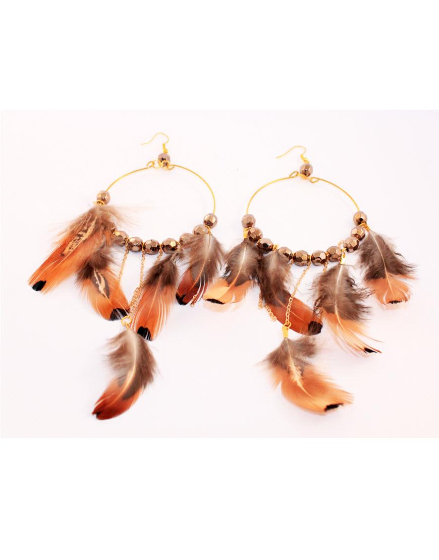 Feather hoop earrings in dark brown