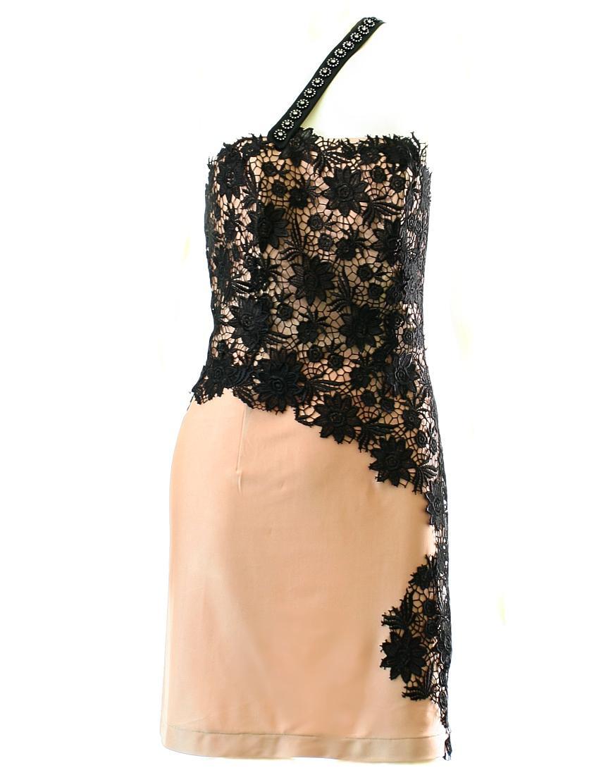 Detatchable embellished strap lace overlaid dress