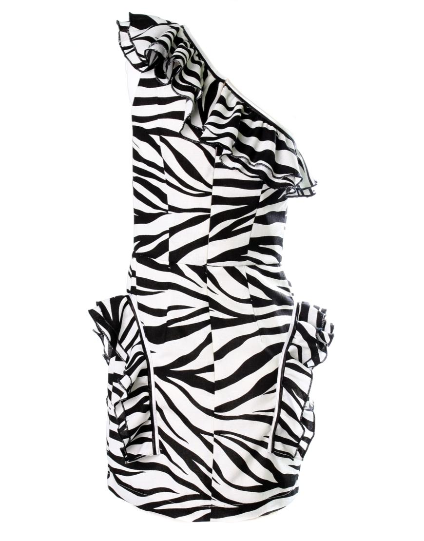 Zebra One Shoulder Frilled Mini Dress