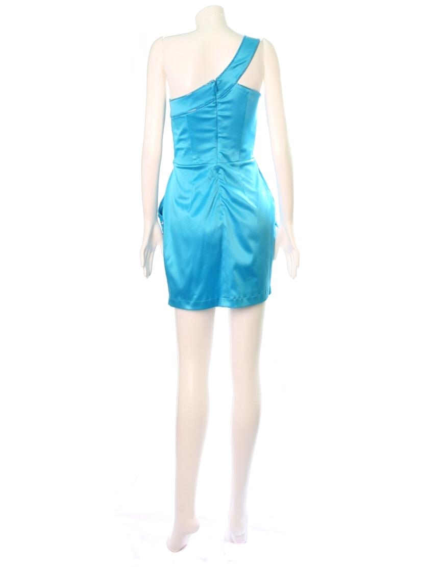 One shoulder jewelled pockets Dress in blue