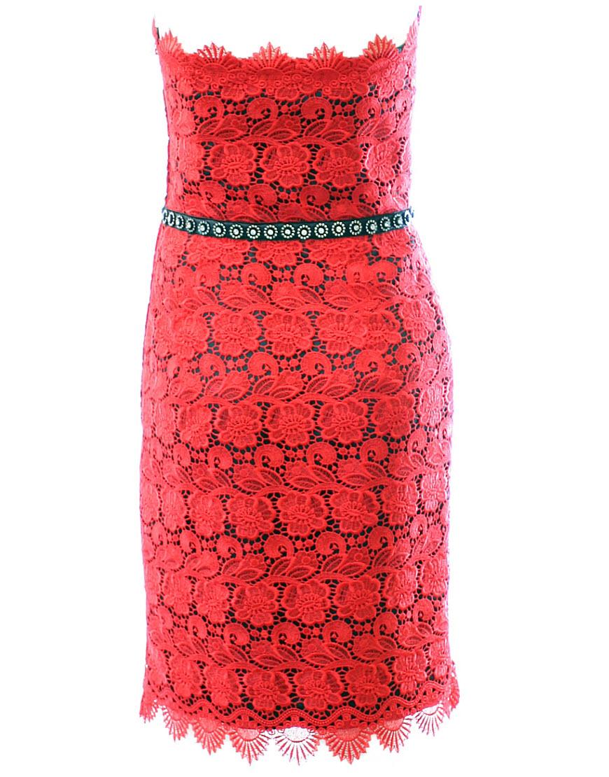 Embellished lace dress in red overlaid black satin