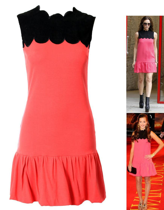 Scallop coral-black contrast mini dress
