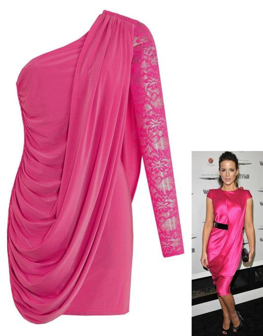 One shoulder drape lace detailed dress style Kate Beckinsale