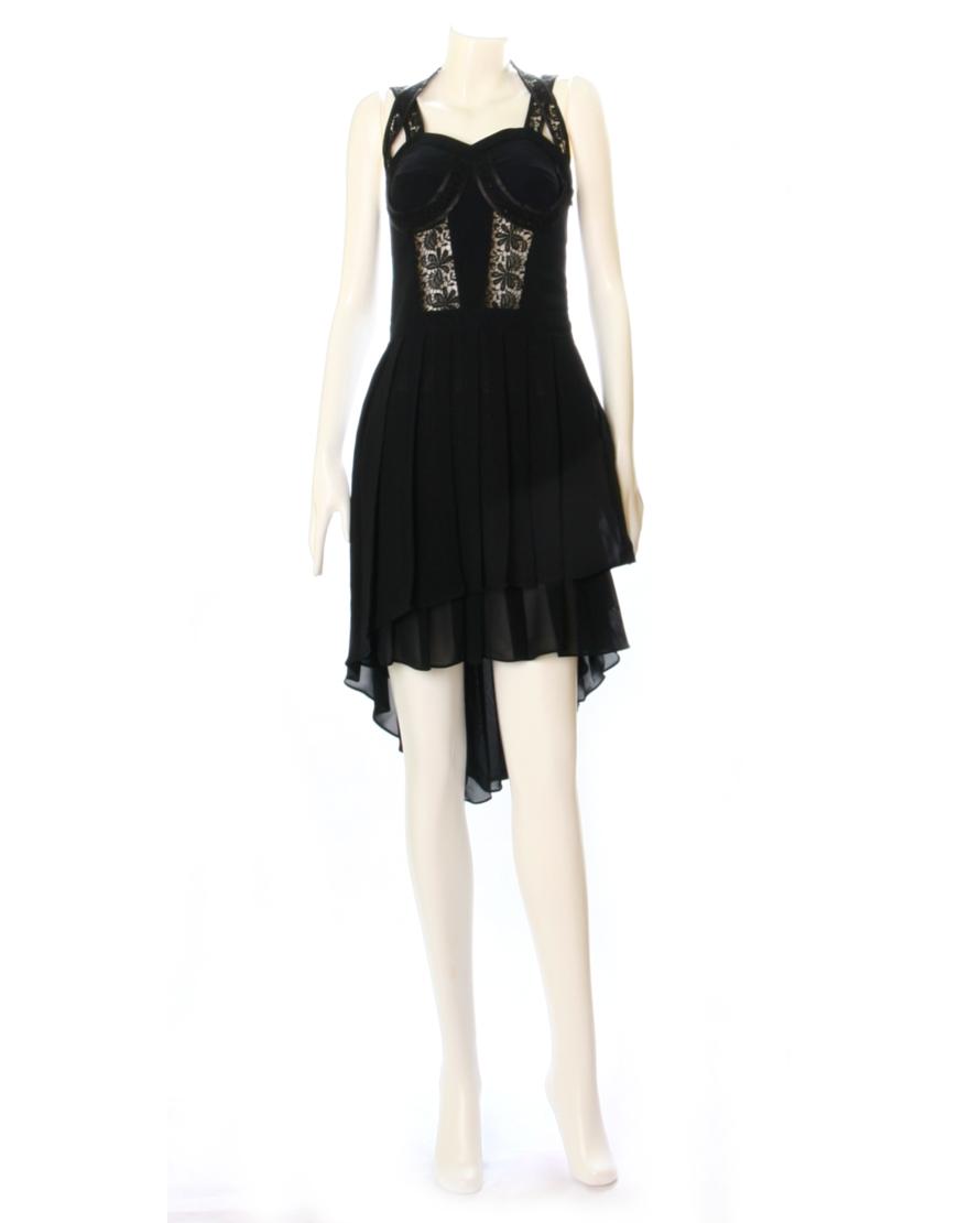 Pleated layered lace inserted bodice dress in black