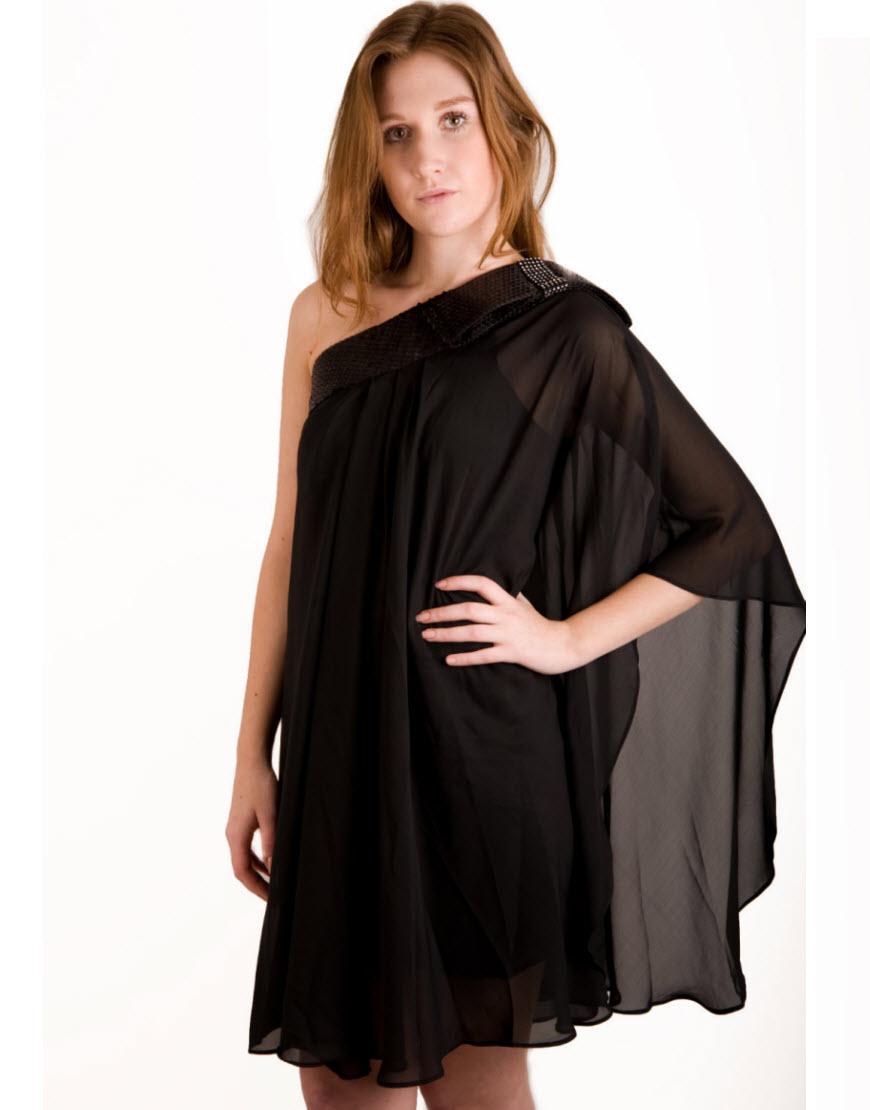 One shoulder bow-embellished bat wing dress