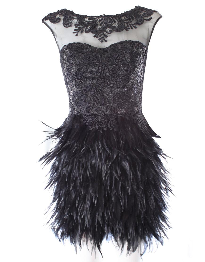 Chiffon collar lace detailed feather dress